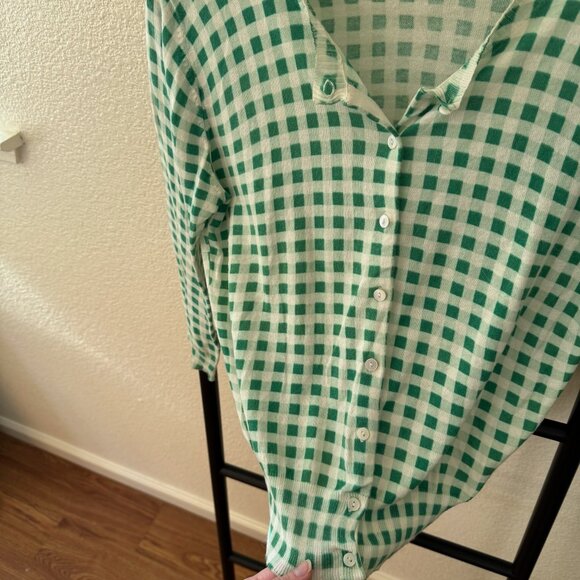 Anthropologie Moth Green Gingham Lightweight Cardigan - Picture 2 of 9